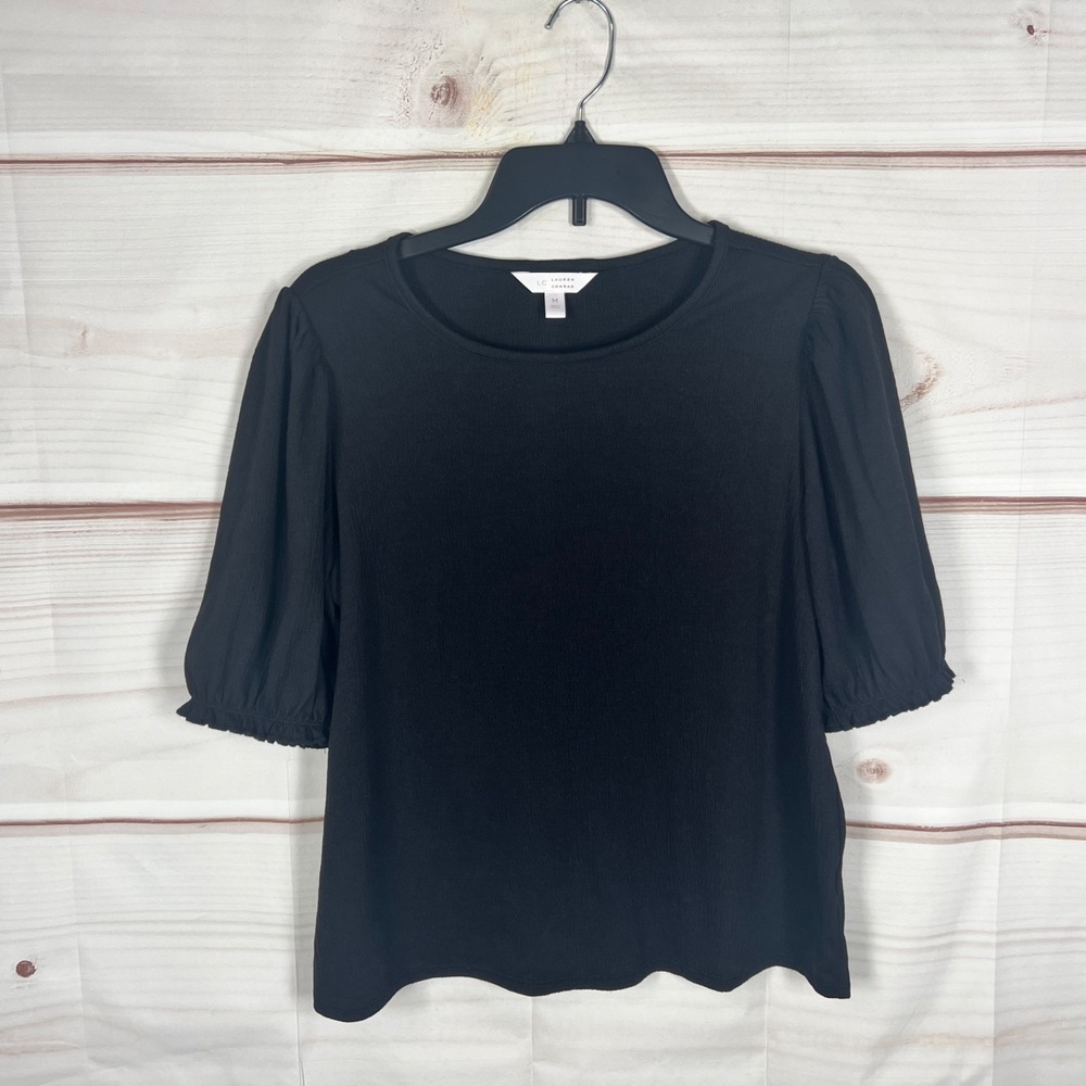 Lauren Conrad Top Womens Medium Black Texture Knit Blouses Short Sleeve Pullover